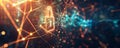 Abstract cyber security background featuring a glowing padlock, binary code, and interconnected Royalty Free Stock Photo