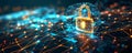 Abstract cyber security background featuring a glowing padlock, binary code, and interconnected Royalty Free Stock Photo