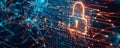 Abstract cyber security background with a glowing padlock, binary code, and interconnected lines