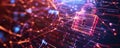 Abstract cyber security background with a glowing padlock, binary code, and interconnected lines
