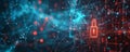 Abstract cyber security background with a glowing padlock, binary code, and interconnected lines