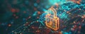 Abstract cyber security background with a glowing padlock, binary code, and interconnected lines