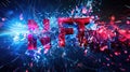 Abstract cyber world of NFT, modern token on digital neon background. Theme of blockchain, non-fungible, crypto art, data, bitcoin