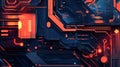 Abstract Cyberpunk Circuit Board Background with Glowing Orange and Blue Lines