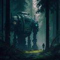 Beautiful cyberpunk forest, futuristic style. Alien spaceship in dark forest