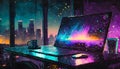 Abstract Cyberpunk futuristic working workspace at night with sparkling particles floating out of glowing