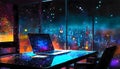 Abstract Cyberpunk futuristic working workspace at night with sparkling particles floating out of glowing