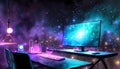Abstract Cyberpunk futuristic working workspace at night with sparkling particles floating out of glowing