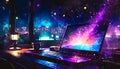 Abstract Cyberpunk futuristic working workspace at night with sparkling particles floating out of glowing