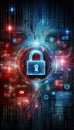 Abstract cybersecurity concept, glowing digital lock over circuit board, matrix binary code in background, high tech UI Royalty Free Stock Photo