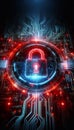 Abstract cybersecurity concept, glowing digital lock over circuit board, matrix binary code in background, high tech UI Royalty Free Stock Photo