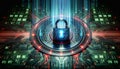 Abstract cybersecurity concept, glowing digital lock over circuit board, matrix binary code in background, high tech UI Royalty Free Stock Photo