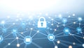 Abstract cybersecurity concept image with a central padlock surrounded by networked icons on a blue background Royalty Free Stock Photo
