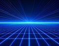 An abstract cyberspace grid extending infinitely, illuminated by glowing blue beams Royalty Free Stock Photo