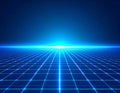 An abstract cyberspace grid extending infinitely, illuminated by glowing blue beams Royalty Free Stock Photo