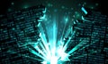 Abstract cyberspace with a hacked array of binary data, explosion with rays of light, blown-up binary code, matrix background Royalty Free Stock Photo
