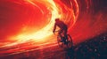 Abstract Cyclist Man With Golden Light Curve And Red Background