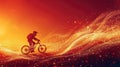 Abstract Cyclist Man With Golden Light Curve And Red Background