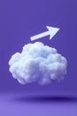 Abstract 3D arrow pointing upwards from a floating cloud on purple background
