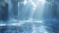 Abstract 3D Background with Blue Water, Sunbeams, and Clouds Royalty Free Stock Photo