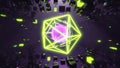 Abstract 3d background sphere of purple and green futurisctic energy in dark space with neon cubes