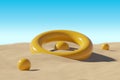 Abstract 3D background of torus and spheres in desert. Selective focus on shapes in the middle. Blue sky and sunshine.