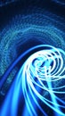 Abstract 3D blue tunnel made of digital wireframe and light swirls, symbolizing data flow and motion Royalty Free Stock Photo