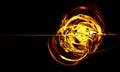 Abstract 3d burning spheres of gold screwing in dark space. Liquid gold or fluid metal.