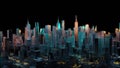 Abstract 3d city rendering with lines and digital elements. Digital skyscrapers. Technology concept. Perspective