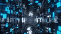 Abstract 3D city tunnel background. Sci-fi cyberpunk videogame style wallpaper with blue neon glow sphere energy