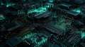 Abstract 3d cityscape of motherboard components in black and neon turquoise colors