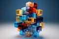 Abstract 3D colorful cube transparent plastic stacked in Layers on Blue Background