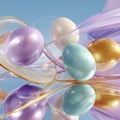 Abstract 3D composition features translucent eggs and floating shapes on a cyber pastel background with reflections Royalty Free Stock Photo