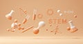 Abstract 3D composition featuring floating objects related to STEM (Science, Royalty Free Stock Photo