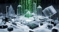 Abstract 3D Geometric Shapes with Falling Binary Code Rain, Digital Data Concept Royalty Free Stock Photo