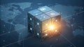 Global Network Cube: Futuristic Data Visualization on World Map Royalty Free Stock Photo