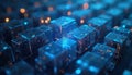 Abstract 3D cubes form network. Blue digital data streams connect glowing nodes. Futuristic tech grid, cyberspace concept, AI Royalty Free Stock Photo