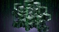 Abstract 3D Cubes with Green Digital Matrix Code Rain Royalty Free Stock Photo