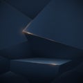 Abstract 3D dark blue low poly podium display and Luxury gold lines sparkle. Vector Illustration