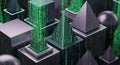 Abstract 3D Digital Data Flow from Pyramids and Cubes, Green Matrix Code Rain Royalty Free Stock Photo