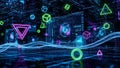 Abstract 3D digital data visualization with neon geometric shapes and glowing grid image photo Royalty Free Stock Photo