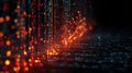 Abstract 3D Digital Information Flow with Glowing Orange and Blue Binary Code Matrix, Futuristic Big Data Stream Background for Royalty Free Stock Photo