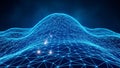 Abstract 3D digital landscape of a glowing blue wireframe mountain with interconnected nodes and sparkling lights Royalty Free Stock Photo