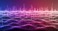 Abstract 3D Digital Waveform with Glowing Particles and Vertical Bars in Purple and Pink Hues technology Royalty Free Stock Photo