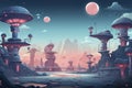 Abstract 2D extraterrestrial city background environment for adventure or battle mobile game. Royalty Free Stock Photo