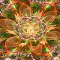 Abstract 3D flower with a detailed decorative flower of life symbol, all in shining orange,green,purple