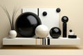 Abstract 3d geometric composition, black and white shapes, balls and spheres on white background