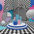 Abstract 3D Geometric Composition with Checkered and Striped Patterns Royalty Free Stock Photo