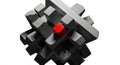 Abstract 3D geometric object composed of multiple gray cubes arranged in a complex zigzag pattern with a bright red square at its Royalty Free Stock Photo