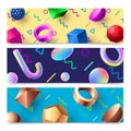 Abstract 3D geometric shapes banners. Colorful 80s holographic 3D objects background, modern art composition banner